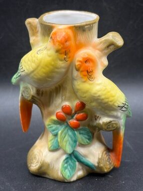 Vintage Hand Painted Bird Parakeet Parrot Ceramic Bud Vase Vessel Made in Japan
